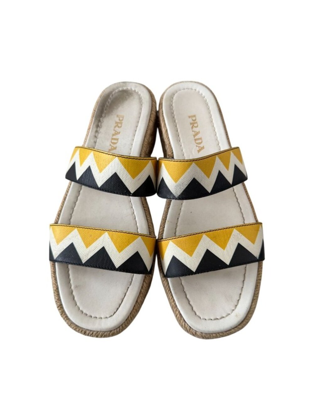 PRADA Zig Zag Beige Yellow Leather Platform Espadrilles Sandals Sz 37.5 / US 7.5 - Picture 9 of 9